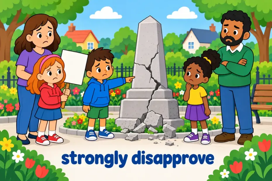Cartoon residents hold signs and look unhappy at a damaged memorial, showing deplore in a sentence as strong disapproval of an act.