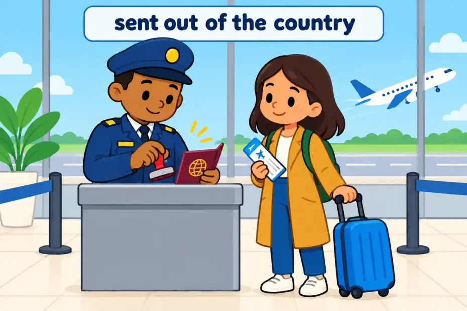 Cartoon official stamps a passport at an airport gate, showing deport in a sentence as a legal order to leave a country.