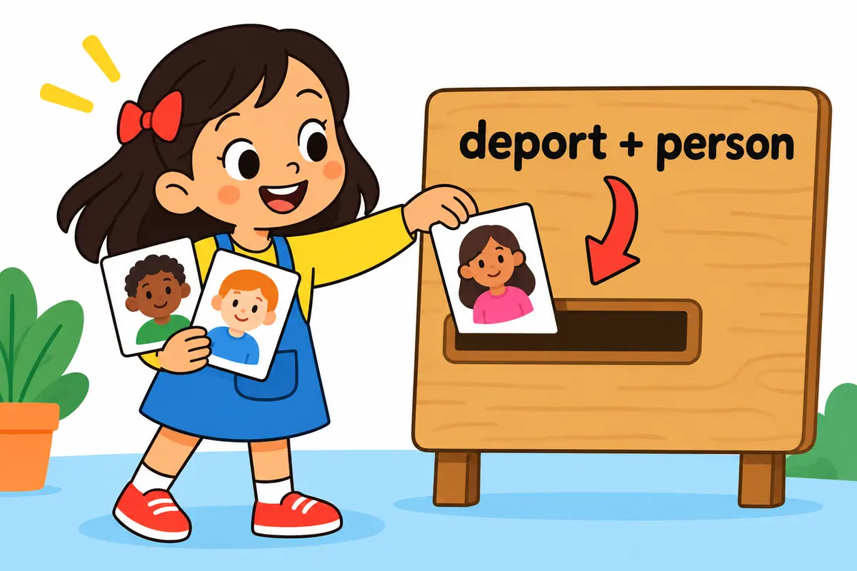 A cartoon card shows a person figure sliding into the object slot after the verb deport.
