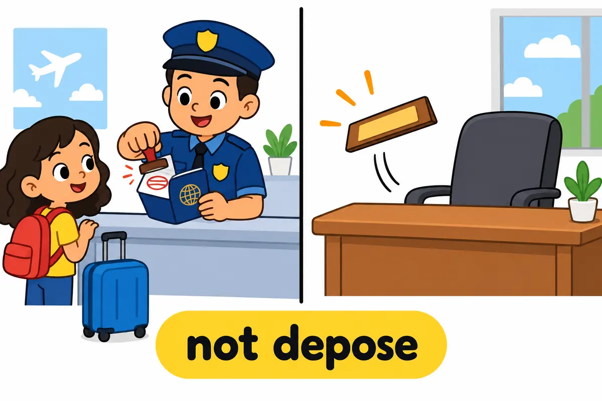 A cartoon split scene contrasts a stamped passport for deport with a nameplate being removed from a desk for depose.