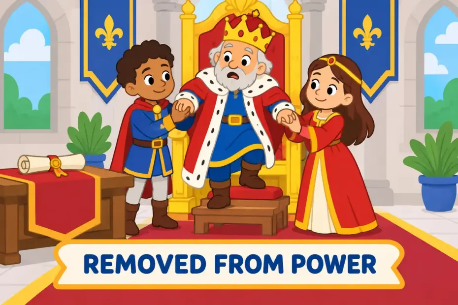 Cartoon nobles gently lead a crown-wearing figure down from a raised chair, showing depose in a sentence as removal from power.