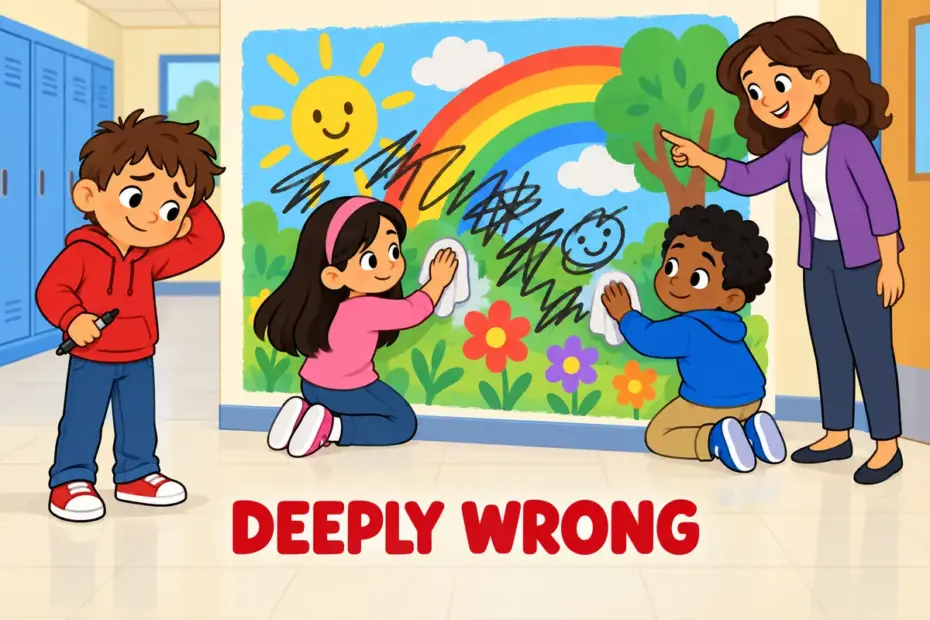 Cartoon children repair a mural a classmate has scribbled over, showing depravity in a sentence as serious wrongdoing.