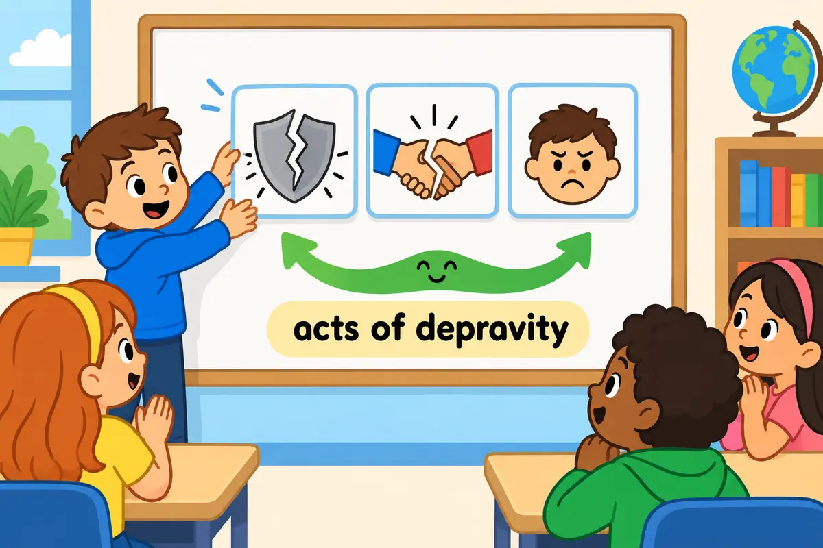 Cartoon word cards combine into the phrase acts of depravity on a classroom board.