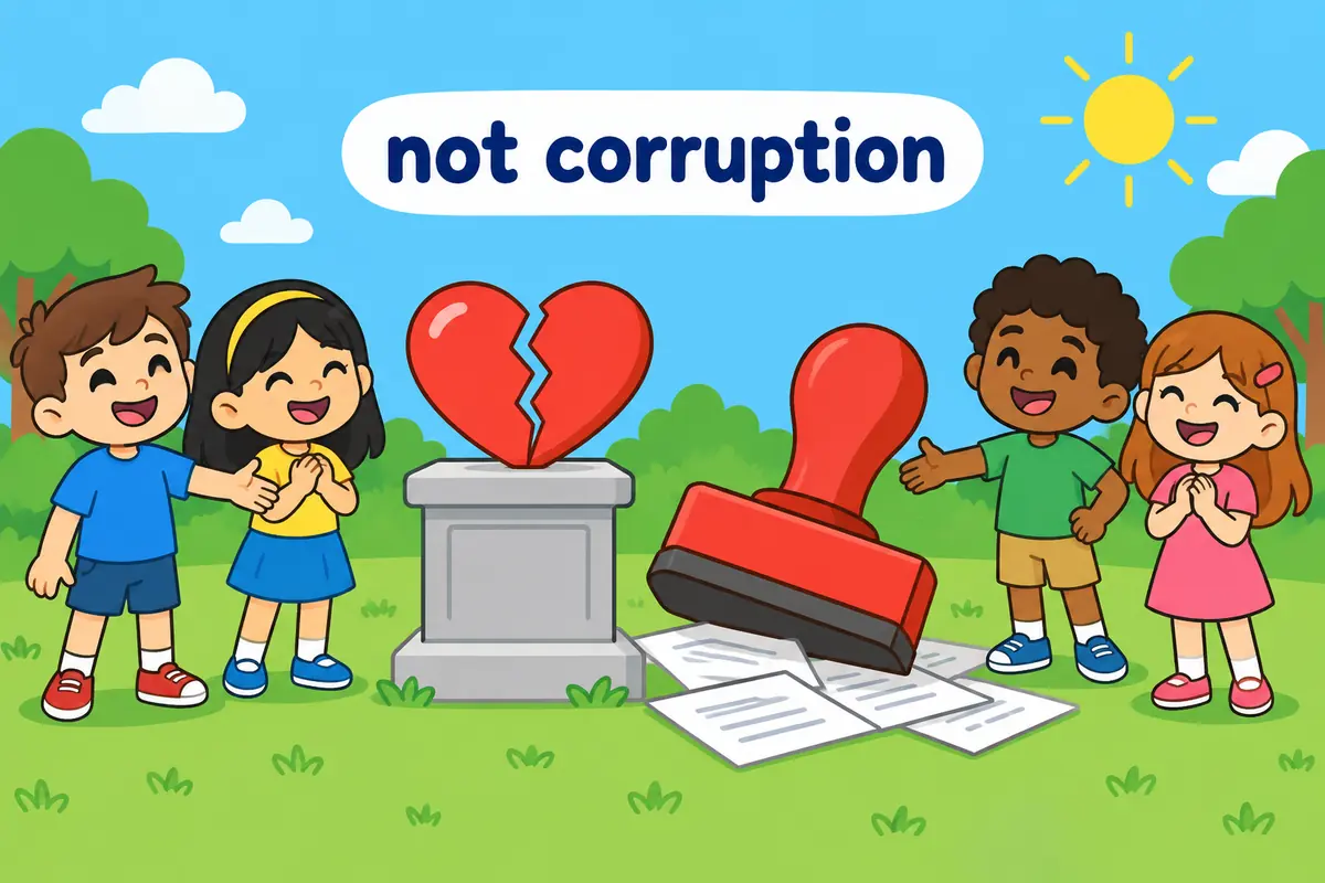 A cartoon single scene contrasts a cracked heart symbol with a tipped-over official stamp.