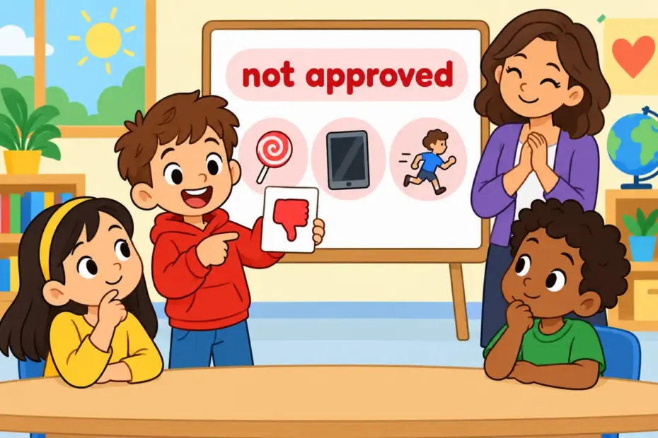 Cartoon children hold a thumbs-down card beside a practice board, showing deprecate in a sentence as voiced disapproval.