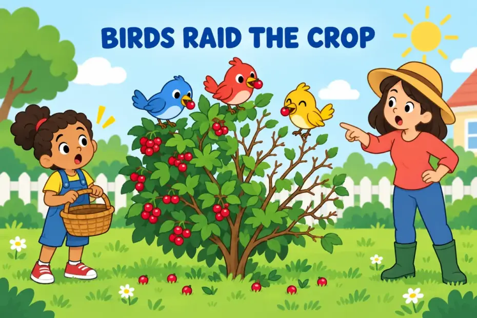 Cartoon birds peck at a berry bush while a child watches, showing depredation in a sentence as repeated raiding and loss.