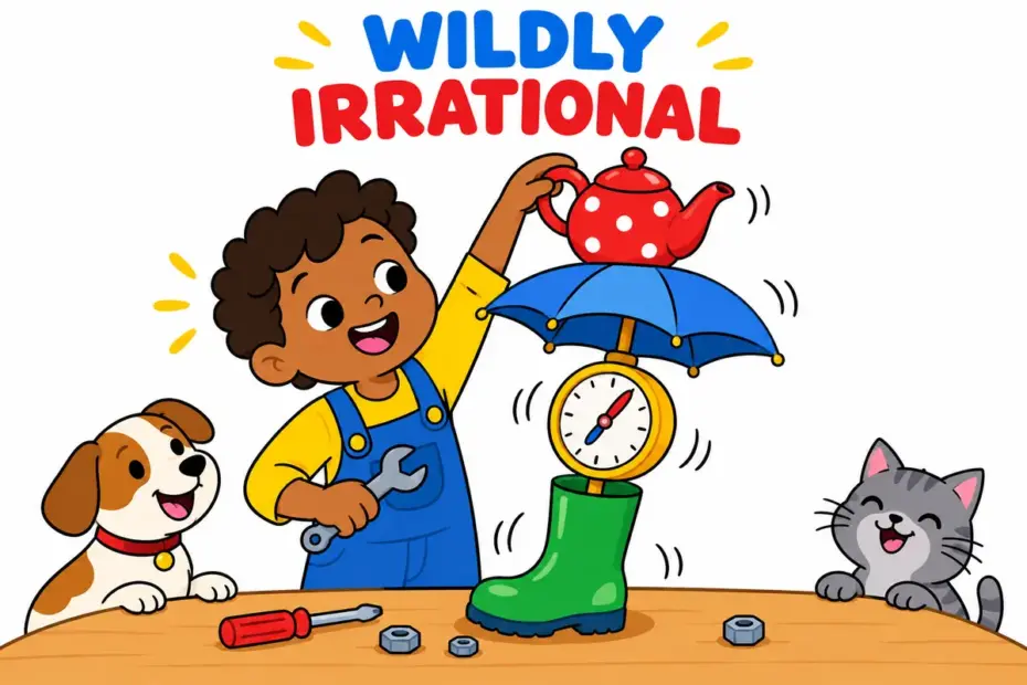 Cartoon child builds a topsy-turvy machine with a teapot and umbrella, showing deranged in a sentence as wildly irrational.