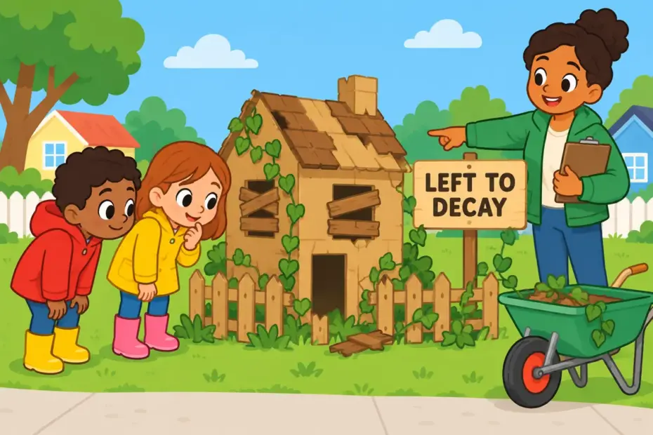 Cartoon children explore an abandoned toy building with boarded windows, showing derelict in a sentence as neglect and decay.