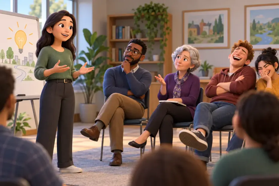 A town-hall speaker presents an idea while a few listeners react with dismissive laughter.