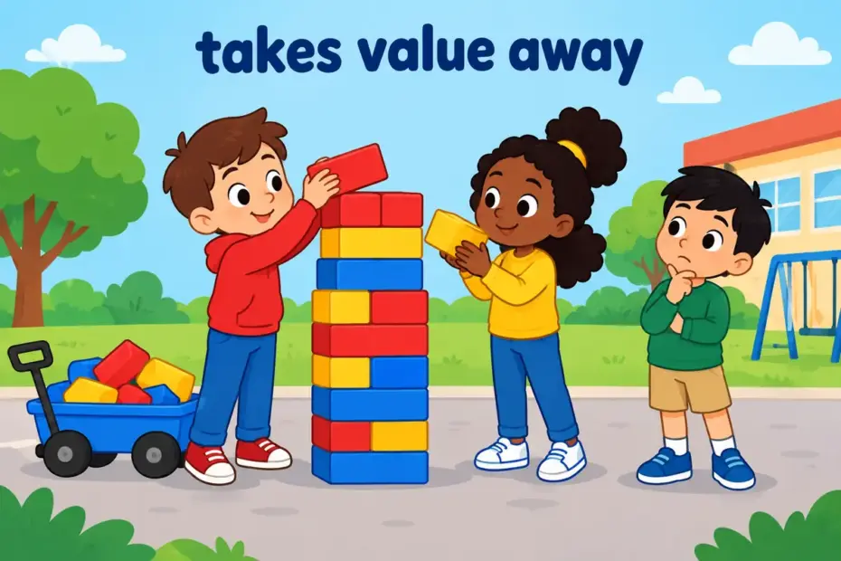 Cartoon children remove bricks from a shared tower, illustrating derogate in a sentence as taking value away from something.