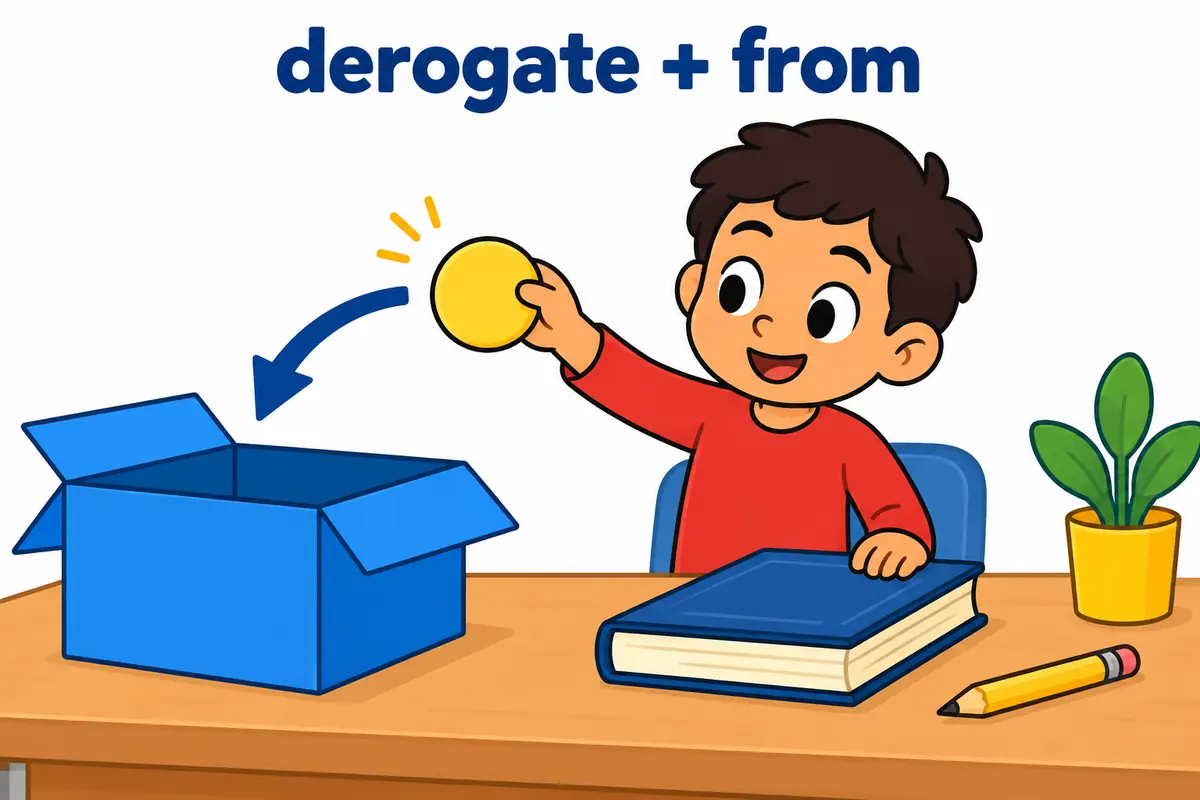 A cartoon arrow moves a value token away from a rule book to show the frame derogate from.