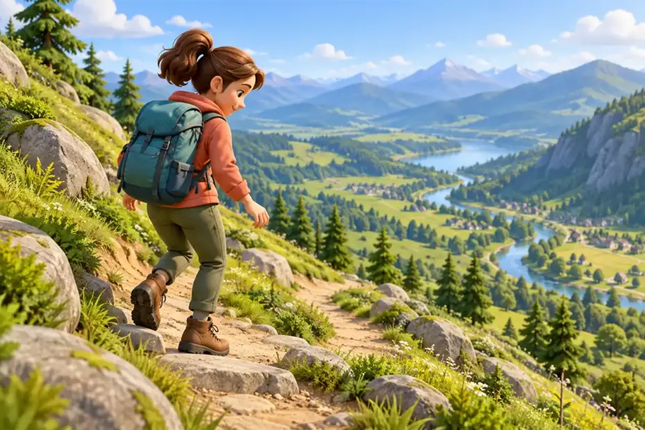 A hiker carefully walks down a winding trail from a green hillside toward a valley.