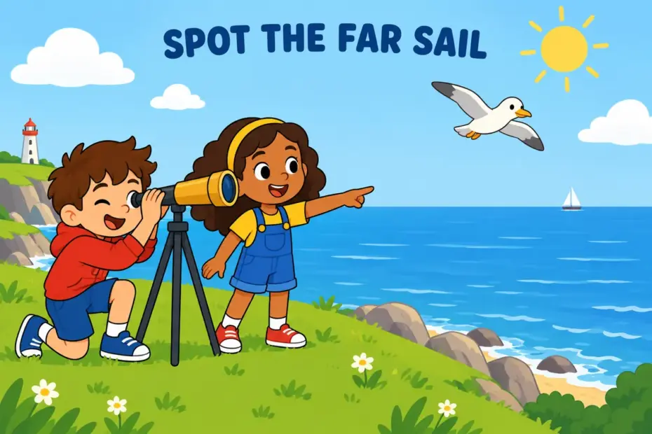 Cartoon children with a telescope spot a tiny sail on the horizon, showing descry in a sentence as seeing something far off.