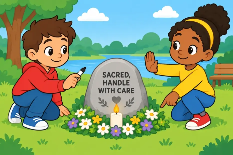 A cartoon child reaches to scribble on a memorial plaque while a friend stops them, showing desecrate in a sentence as disrespect.