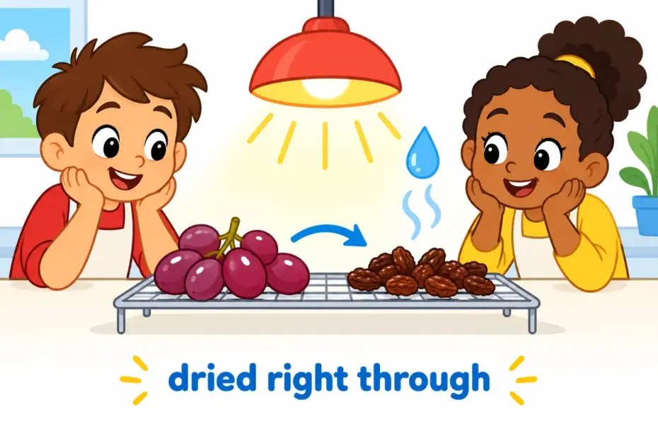 Cartoon scientists watch grapes shrink into raisins, showing desiccate in a sentence as complete removal of moisture.