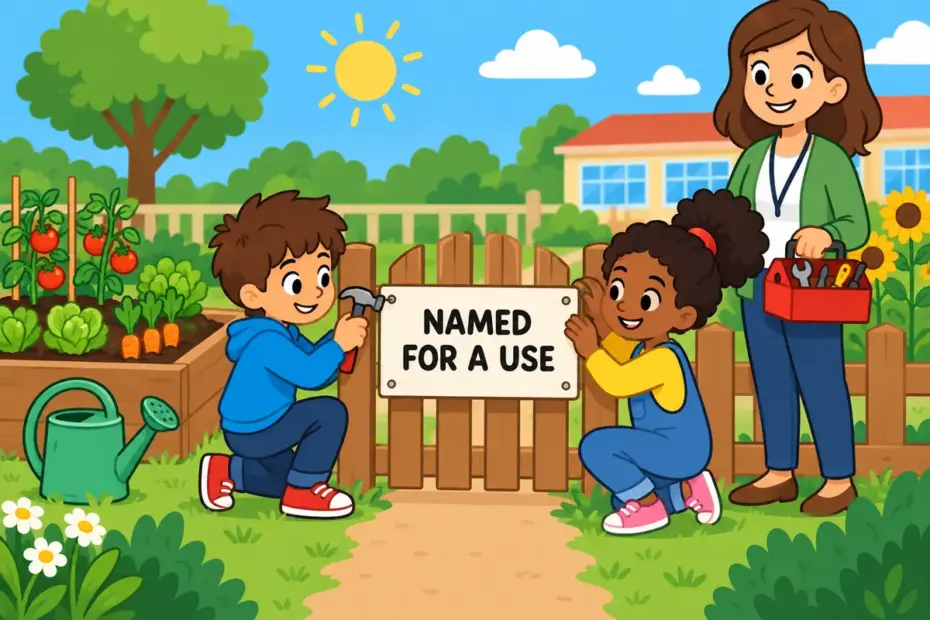 Cartoon children fix a bright sign onto a garden gate, showing designate in a sentence as naming a place for a purpose.