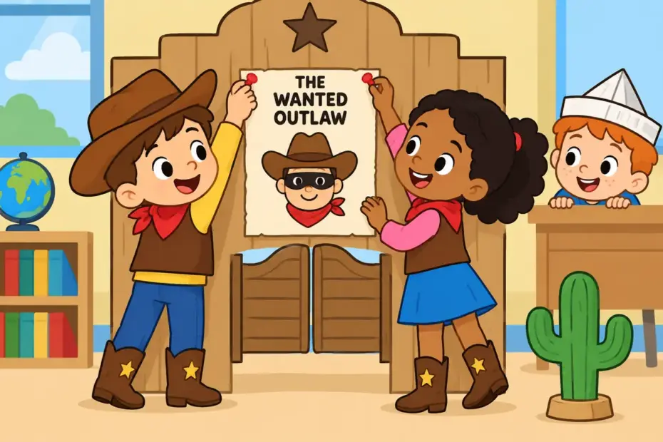 Cartoon children act out a Western scene with a toy wanted poster, showing desperado in a sentence as a frontier outlaw.