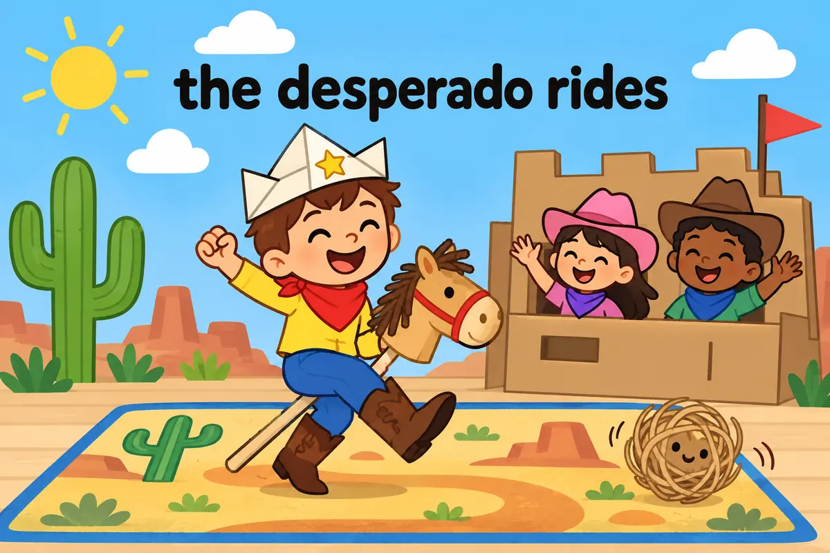 A cartoon boy dressed as a frontier outlaw rides a hobby horse past a toy town while classmates watch.