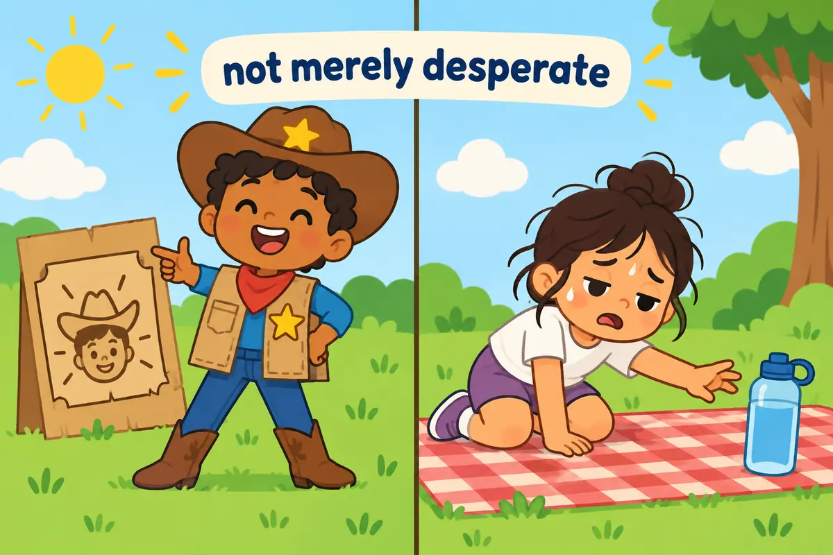 A cartoon split scene contrasts a costumed child outlaw on one side with a thirsty child reaching for a water bottle.
