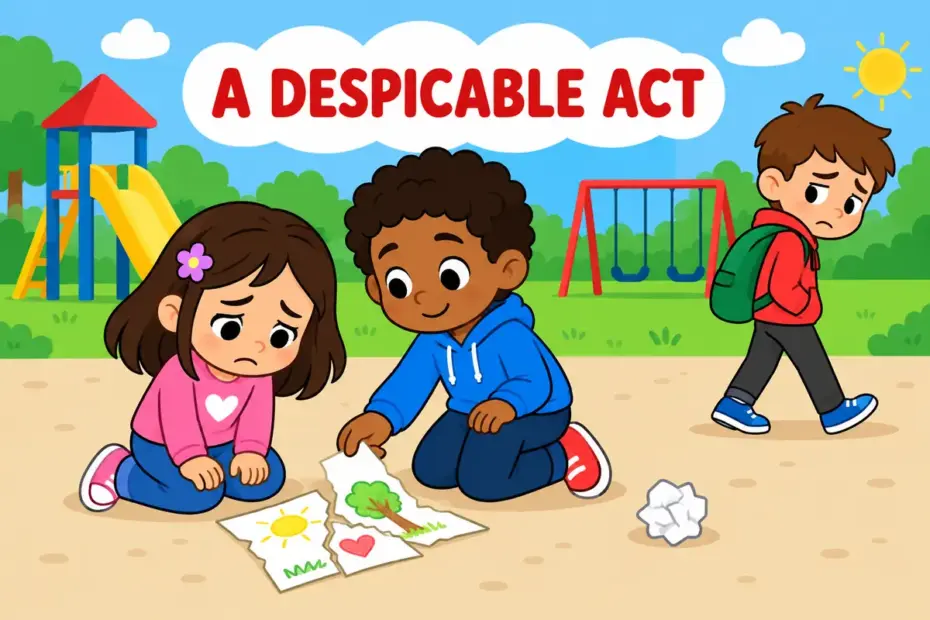 A cartoon child comforts a friend whose drawing was deliberately torn, showing despicable in a sentence as a hateful act.