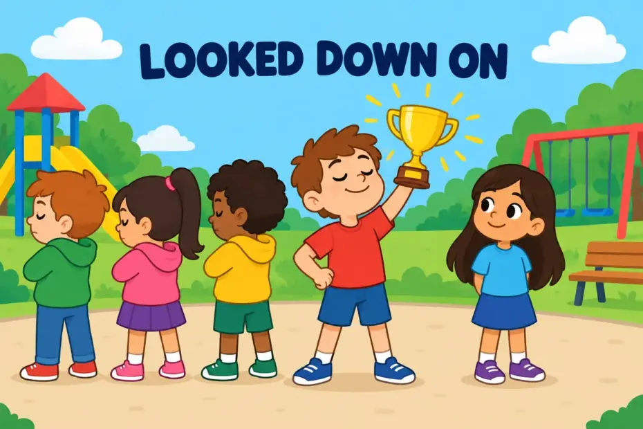 Cartoon children turn away from a boastful classmate, showing despise in a sentence as contempt rather than simple dislike.