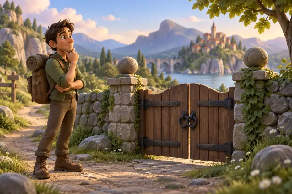 A traveler pauses beside a closed gate on a quiet path.
