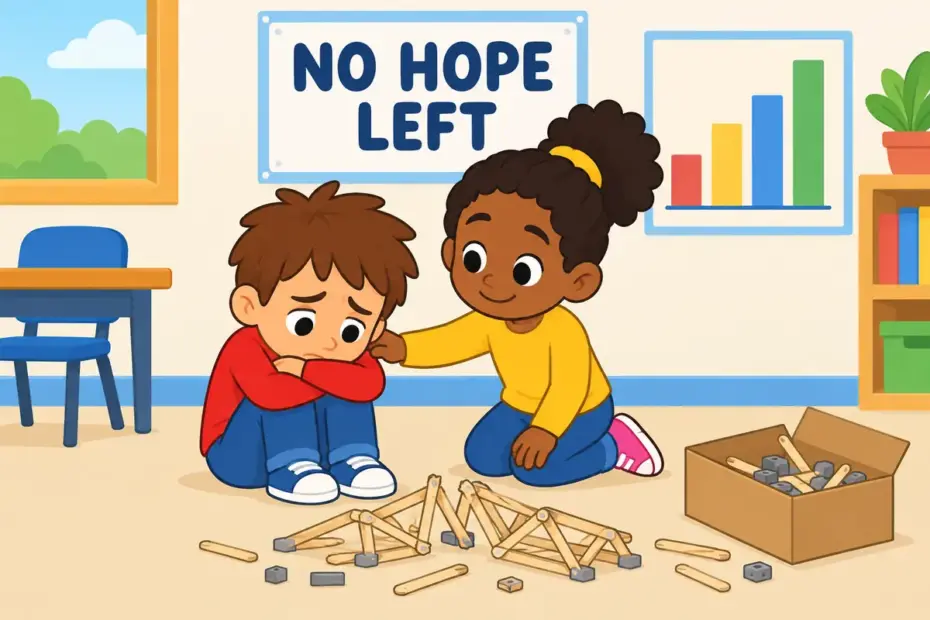 A cartoon pupil sits beside a broken science-fair model while a friend offers help, showing despondent in a sentence as a hopeless mood.