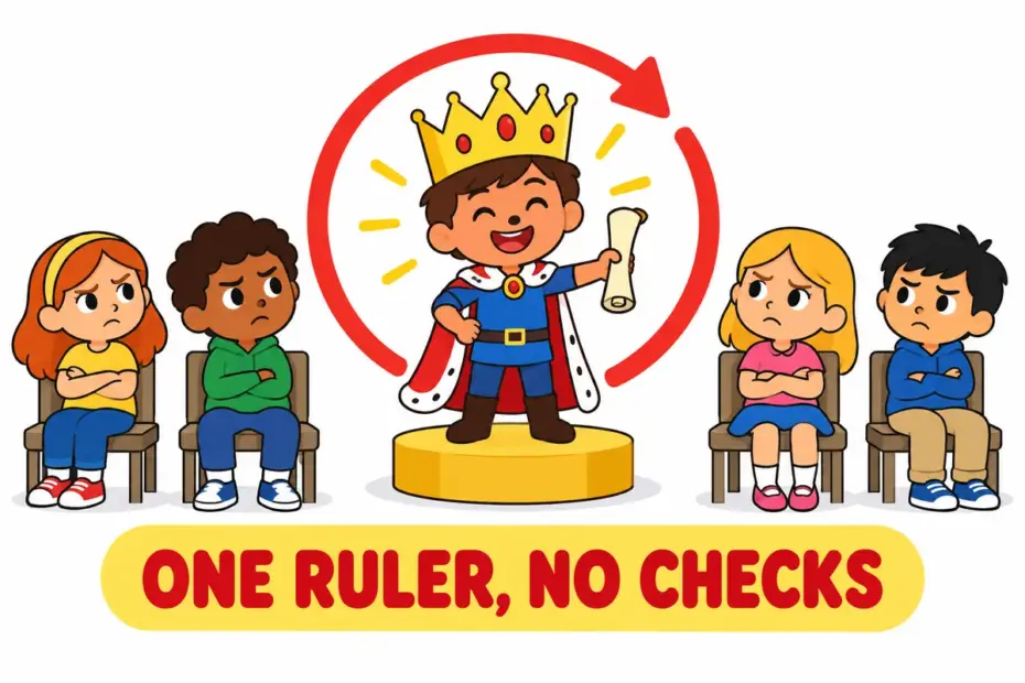 Cartoon children depict a lone ruler with a single crown and an empty assembly, showing despot in a sentence as unchecked power.