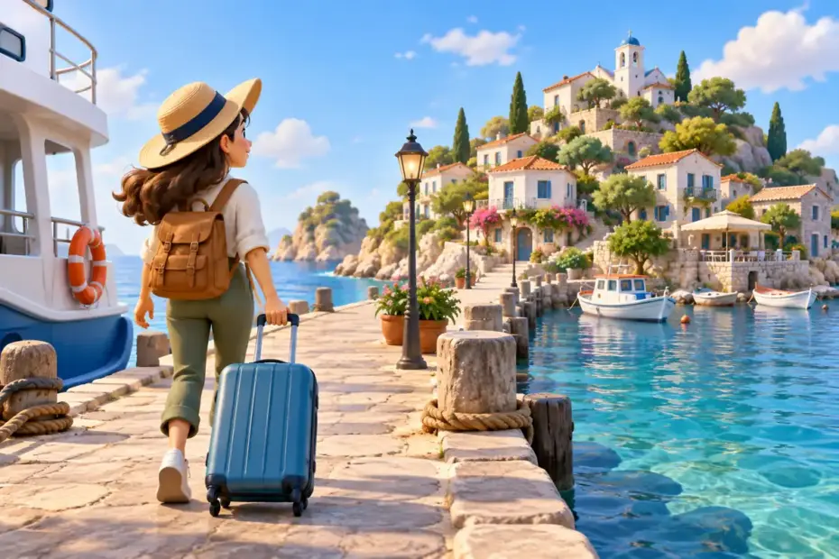 A traveler approaches a small island harbor with luggage.