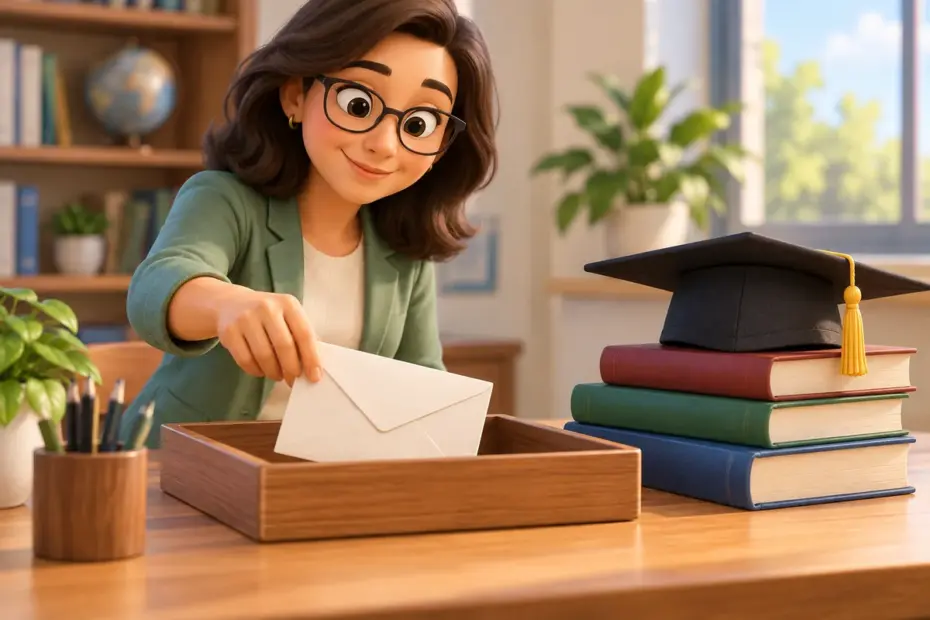 A student places a sealed scholarship envelope into a tray marked by a blank graduation cap.