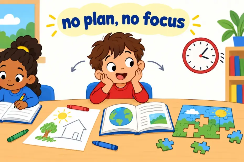 Cartoon children leave several half-finished drawings and books on a table to show the scattered work that desultory means.