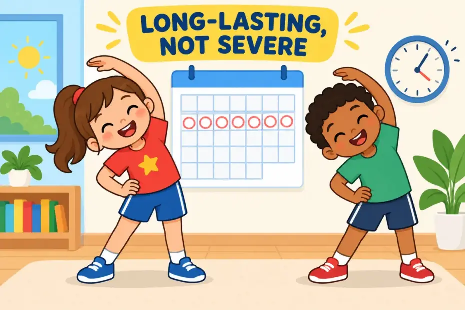 Cartoon children detach a handle from a school bag along a curved arrow, showing detach in a sentence as a clean physical separation.