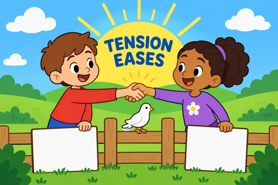 Two cartoon children lower opposing signs and shake hands, showing detente in a sentence as a thaw in tension.