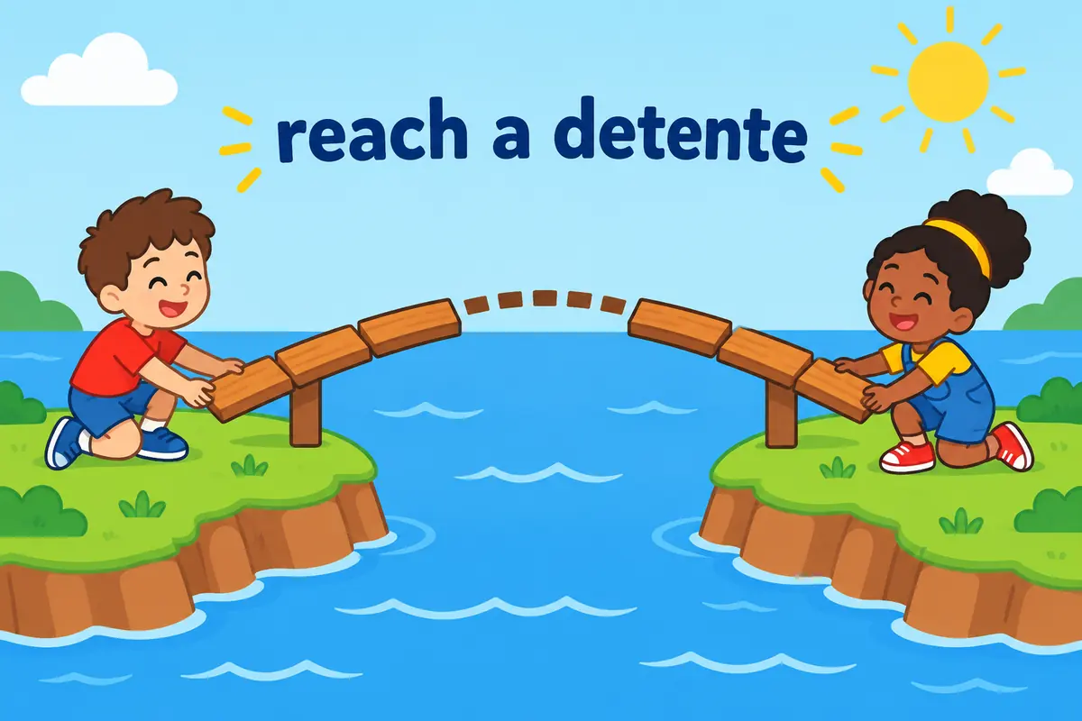 A cartoon bridge forms between two islands as the phrase reach a detente appears above it.