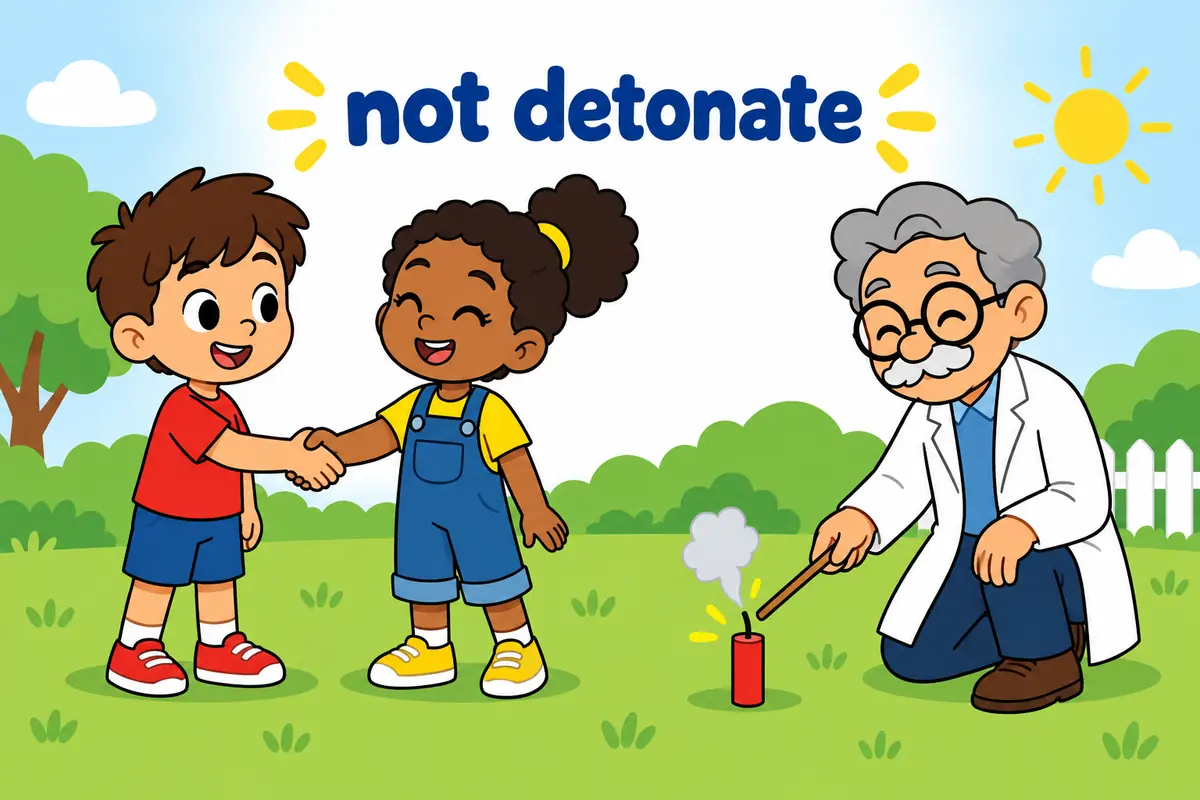 A single cartoon scene contrasts a calm handshake with a small harmless puff of smoke and the word detonate.