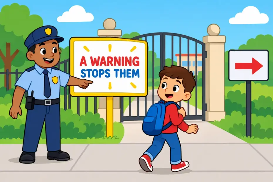 Cartoon boy turns back from an open gate after a friendly guard points to a fine notice, showing deter in a sentence.
