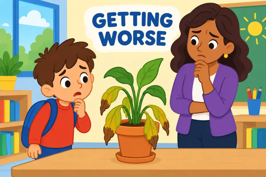 A child notices a classroom plant with drooping leaves and brown tips, showing how its condition can deteriorate.