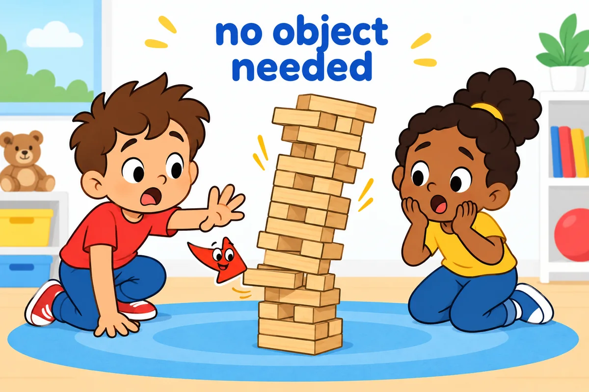 Cartoon children watch a tower of blocks lean as one block slips, showing the intransitive pattern subject plus deteriorate.