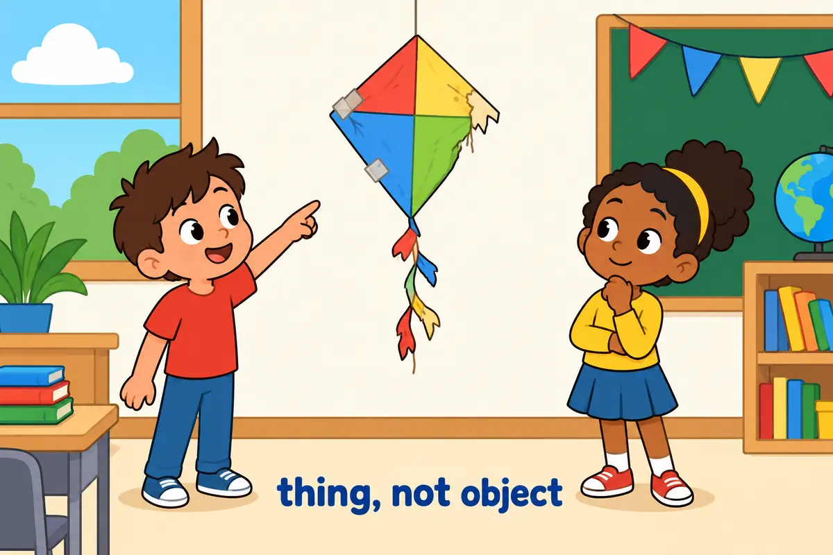 A pupil points to a frayed paper kite, showing the thing itself deteriorating.