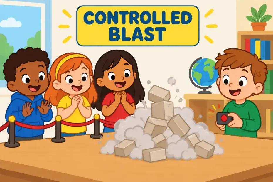 Cartoon children watch a model tower collapse in a harmless puff, showing detonate in a sentence as setting off a device on purpose.