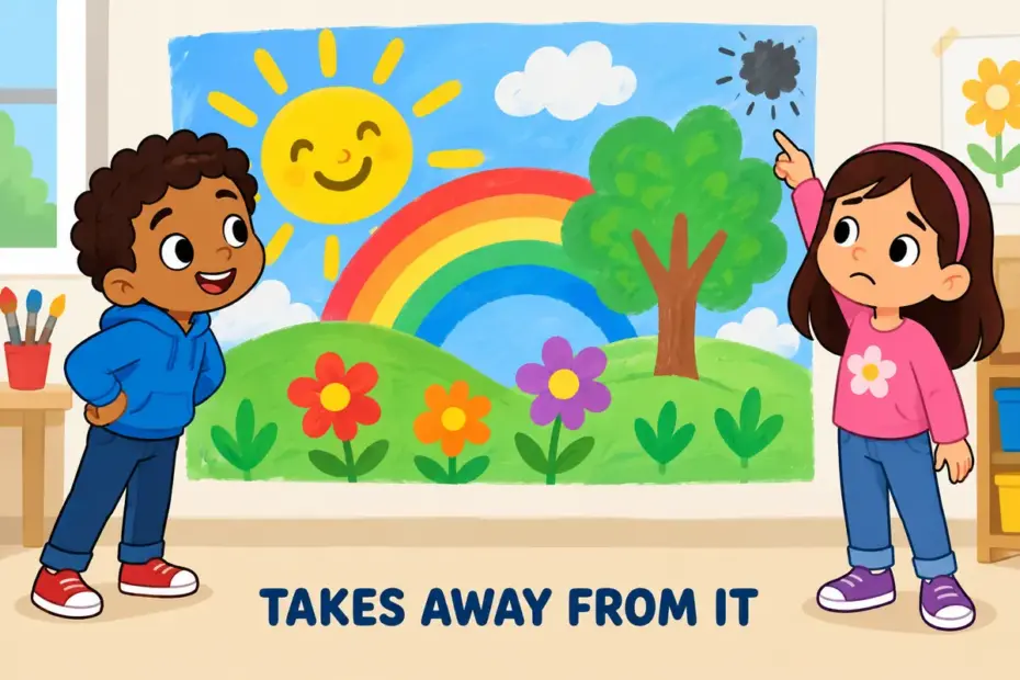 Cartoon pupils frown at a small smudge on a colourful class mural, illustrating detract in a sentence as a flaw reducing a fine effort.