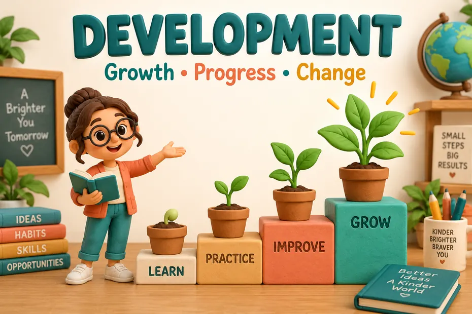 Development: growth, progress, and change illustrated by a seedling and steps.