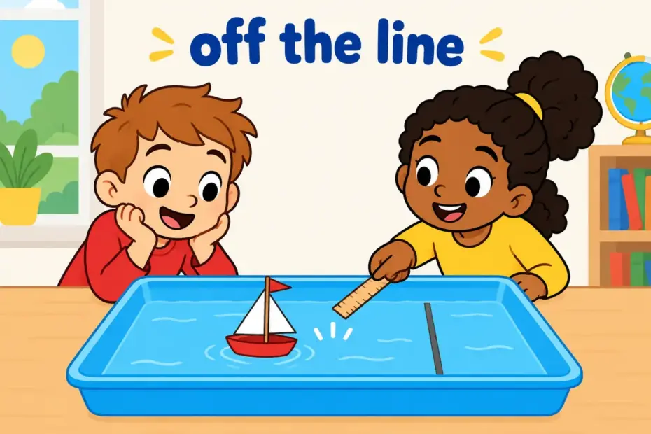 Cartoon children watch a toy boat drift off a chalk course line in a water tray, illustrating deviate in a sentence as leaving a set path.
