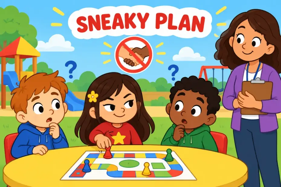 Cartoon children watch a classmate use a devious trick to win a game, showing devious in a sentence as a dishonest method.