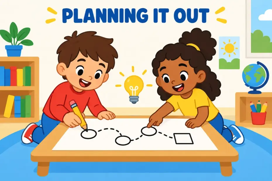 Cartoon child sketches a plan on a big sheet, showing devise in a sentence as inventing something by thought.