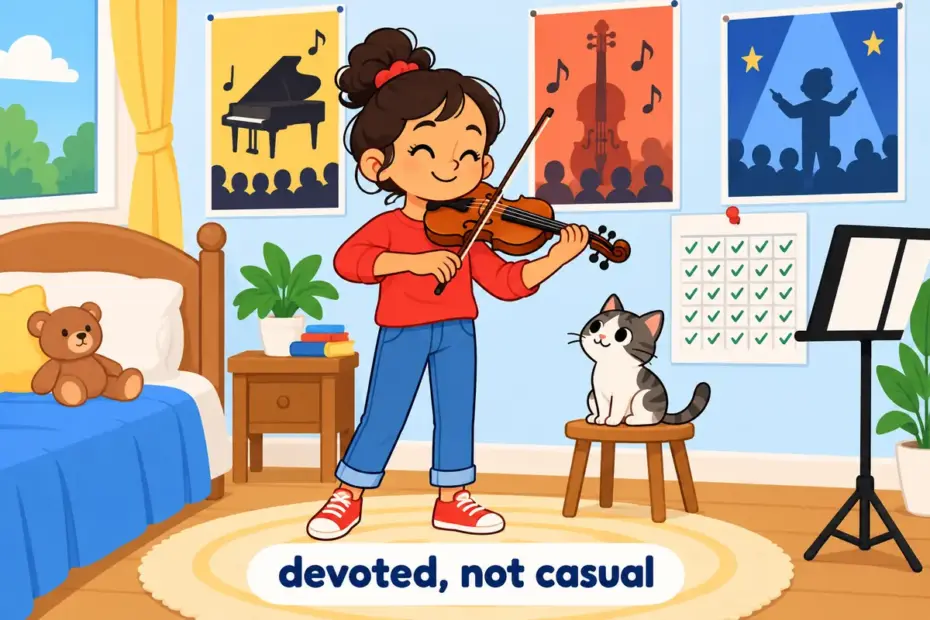 Cartoon girl practising violin daily beside a wall of concert posters, showing devotee in a sentence as loyal enthusiasm.