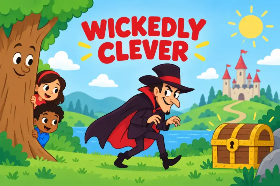 Cartoon storybook children watch a scheming villain with a sly grin, showing diabolical in a sentence as evil and cunning.