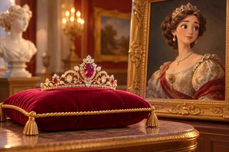 A jeweled diadem rests on a velvet display cushion.