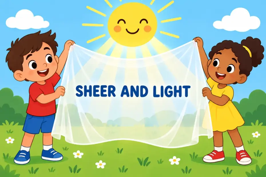 Cartoon children hold up a thin glowing curtain against the sun, showing diaphanous in a sentence as soft light through delicate fabric.
