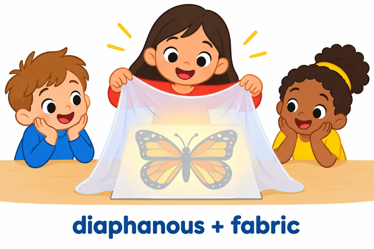 A cartoon child places a translucent cloth over a picture card of a butterfly, with the word diaphanous floating beside the fabric.